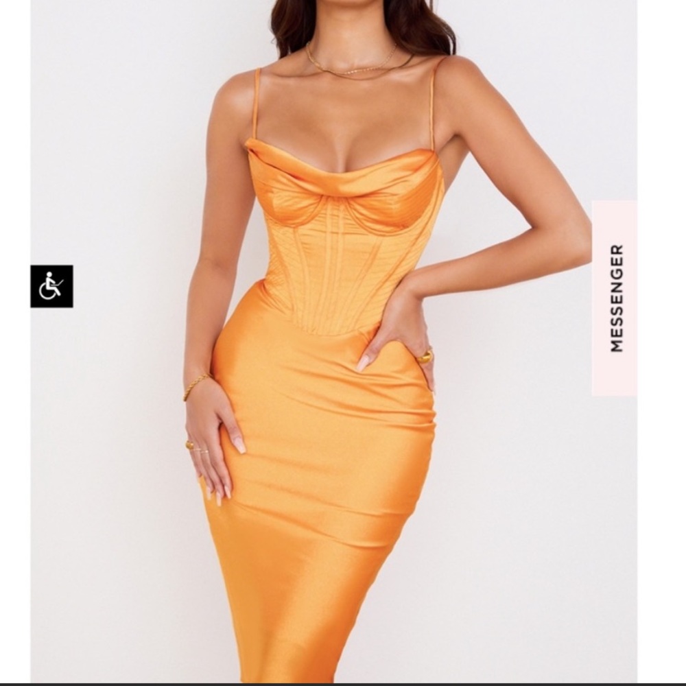 House of CB TANGERINE SATIN CORSET MIDI DRESS